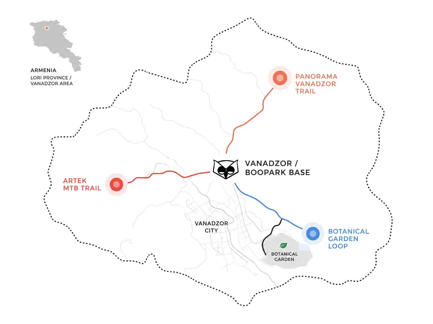 Illustrated BooPark location map showing the Artek MTB Trail, Panorama Vanadzor Trail, BooPark base, Vanadzor city, and Botanical Garden Loop.